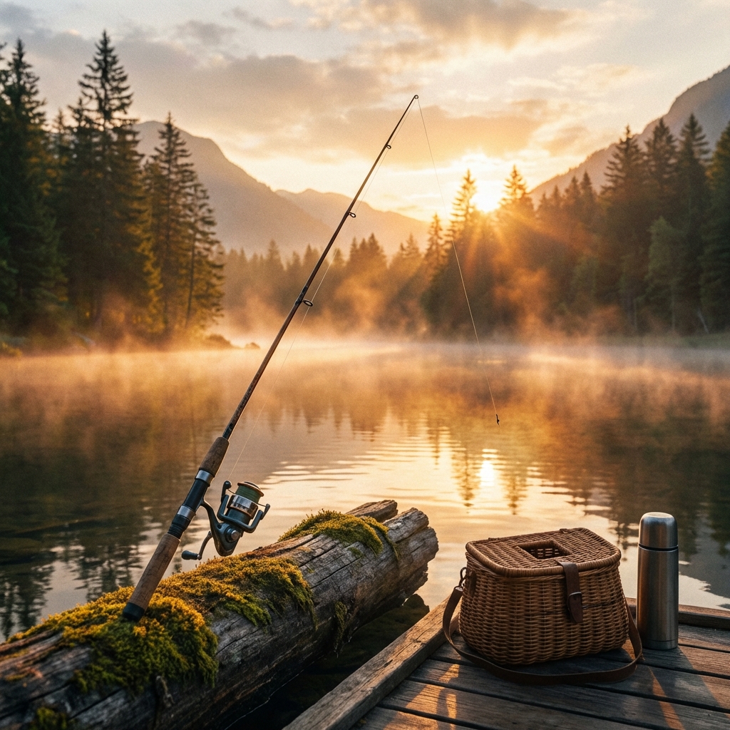 A peaceful lake at sunrise with a fishing rod in the foreground, mist over the water, cinematic lighting, photorealistic, no people